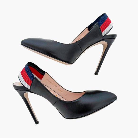 Gucci Sylvie Web Stripe Slingback Pumps EU 37 US 7 Black Pointed Toe High Heels - Picture 10 of 14